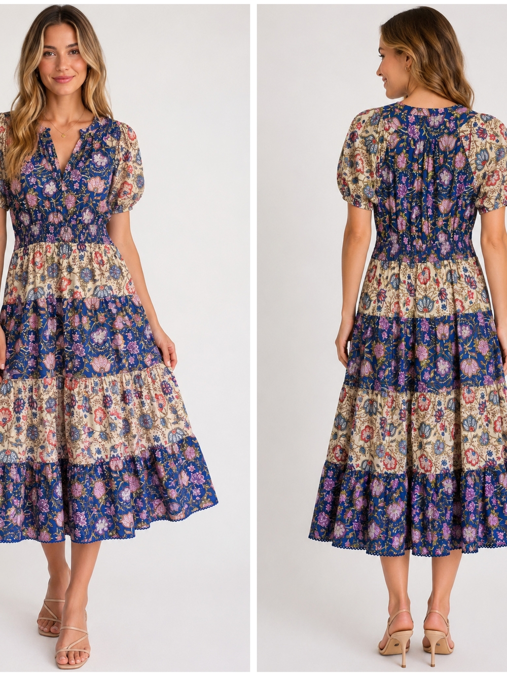 Boho Tiered Midi Dress in Bright Navy and Cream Floral By Maisie